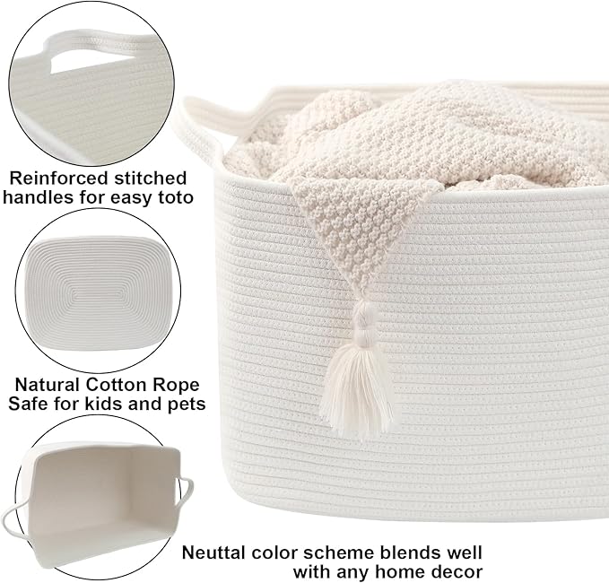 96L Large Blanket Basket,24"x16"x15"Rectangle Storage Bin with Handles,Woven Rope Laundry Basket for Toys, Clothes,Magazines,