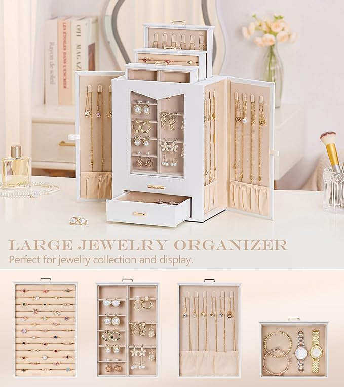 Homde Jewelry Organizer with Transparent Window Necklace Hooks Gift for Women Jewelry Box Display Case for Necklaces Rings Ea