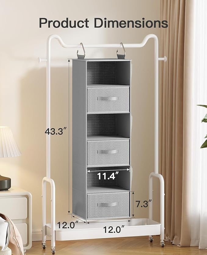 Pipishell Hanging Closet Organizer 6-Shelf, Hanging Shelves for Closet with 3 Removable Drawers & Side Pockets for Bedroom, G