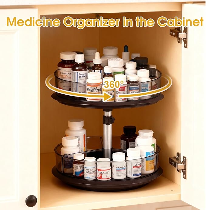 2 Tier Medicine Cabinet Organizer, Rotary Turntable Organizer for Medicine and Vitamin Bottles, Under Sink Organizer for Medi