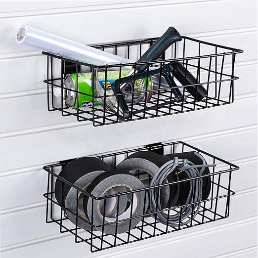 Hicarer 2 Pcs Slatwall Wire Baskets 13.5 x 7.5 x 4.5 Inch Metal Mounted Wall Organizer Basket Ventilated Hanging Slatwall Acc