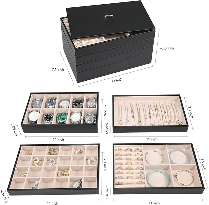 Voova Stackable Jewelry Organizer Tray with Lid, PU Leather Jewelry Storage Holder for Drawer Inserts, Jewellery Display Box 