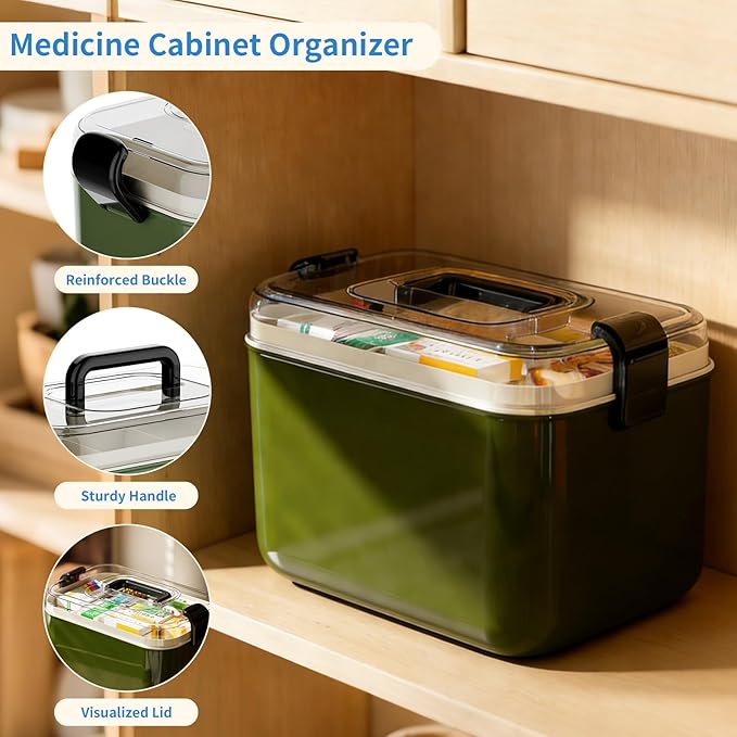 2 Tiers Medicine Organizer - Portable Medicine Storage Box with Handle, Large Capacity Plastic Medical Cabinet, Multipurpose 