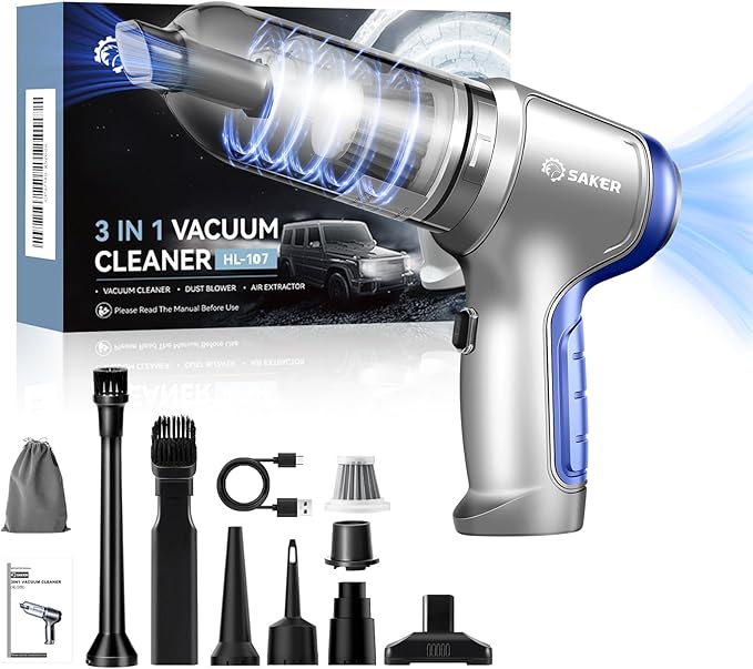 Saker Car Vacuum Portable Cordless 15000PA,3 in 1 Handheld Vacuum with Brushless Motor for Car, Office and Home Cleaning Blue