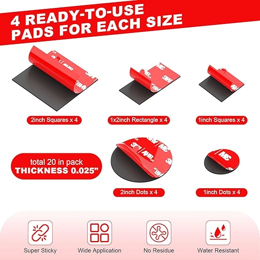 Double Sided Tape Heavy Duty 20PCS Adhesive Pads 1“ and 2” Squares Dots Rectangles Pack Strong Waterproof Mounting Tape for Dashboard Dash Cam Windshield Suction Cup Phone Holders Black