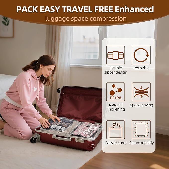 12 Pack Travel Vacuum Bags for Clothing,Compression Seal Packing Cubes for Suitcase Backpack,Vacuum Seal Bags for Clothing,Ca