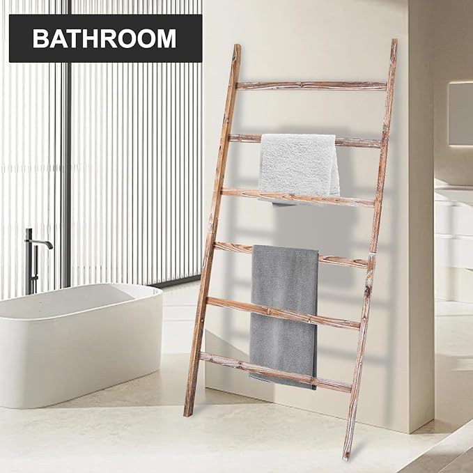 Blanket Ladder Shelf 6.4FT, 38 inch Wide Solid Wooden Blanket Ladder for Living Room, 6-Layer Farmhouse Rustic Towel Rack for