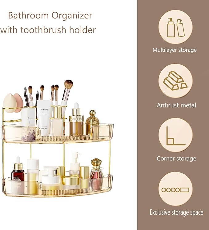 FELIZHOUSE 2-Tier Makeup Organizer for Vanity & Bathroom Countertop – Acrylic Storage Shelf with Perfume Tray & Makeup Brush 