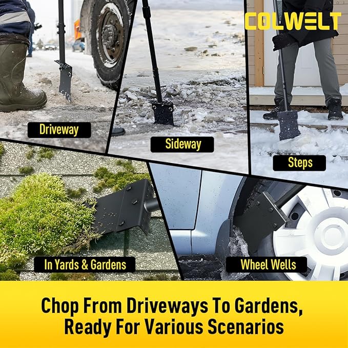 Colwelt Metal Snow Shovel 58’’, Heavy Duty Ice Scraper for Driveway, Snow Ice Chopper Shoveling Tool with Thickened Blade, Ice Shovel for Sidewalk Ice Removal, Flat Shovel Floor Cleaning Scraper