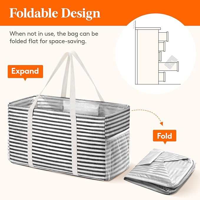 Lifewit Extra Large Tote Bag, Reusable Grocery Bags with Metal Wire Frame and Handles, Standing Utility Foldable Shopping Bags for Storage, Picnics, Beach, Laundry, Car, 46L, 1 Pack, Black