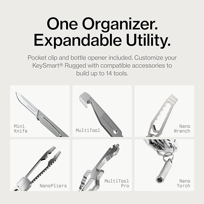 KeySmart Rugged - Multitool Key Holder for Keychain w/Bottle Opener and Pocket Clip, Key Organizer for Key Chain, EDC Keychai