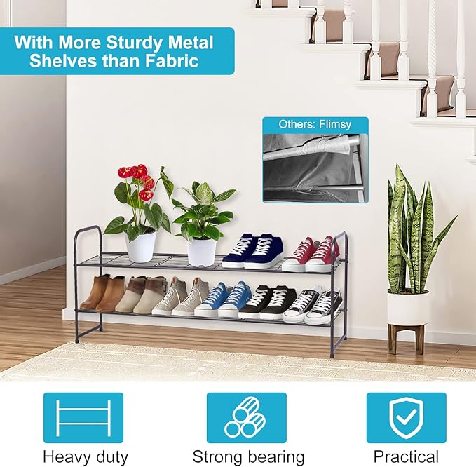 KEETDY 2-Tier Long Shoe Rack for Closet Entryway Shoe Organizer for 18 Pairs Sneakers, Metal Stackable Shoe Storage Shelf wit