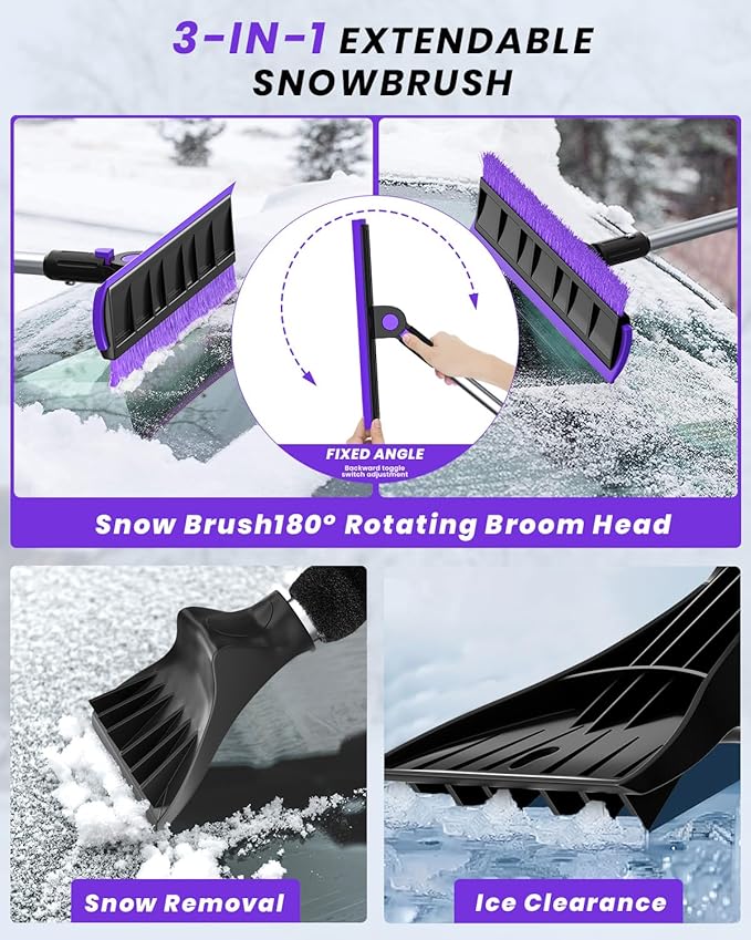 helloleiboo 2025 Extra Long 55.7" Ice Scrapers for Car Windshield Multi-Functional Detachable Car Ice Scraper with Foam Grip and 270° Pivoting Brush Head Snow Brush for SUV Truck Auto(Purple)