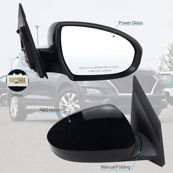 Right Passenger Side Mirror Compatible With 2019 2020 2021 Hyundai Tucson With Manual folding Power glass Black Replace #87620-D3990(3Pins)
