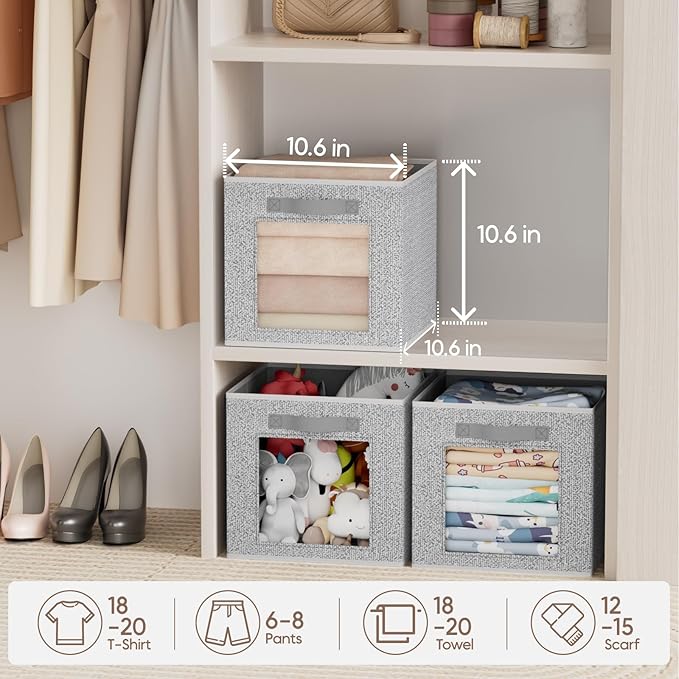 Homsorout Foldable Storage Cubes - Cubby Storage Organizer with Window, Decorative Baskets for Organizing, 11 Inch Fabric Cub