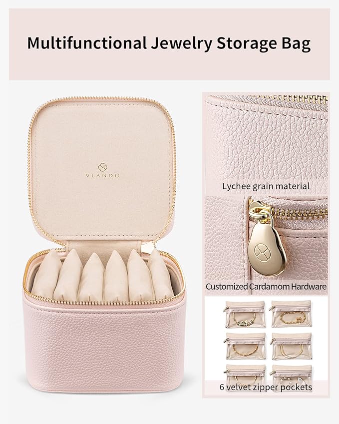 Vlando Travel Jewelry Case,Jewelry Organizer with 6 zipper velvet Jewelry bags for Women Girl,Wedding Birthday Gift Ideas for