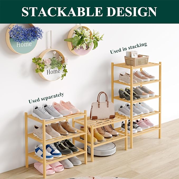 Smiry Small Bamboo Shoe Rack 4-Tier, Stackable Wooden Shoe Organizer for Entryway & Closet, Free Standing Wood Shoe Storage S
