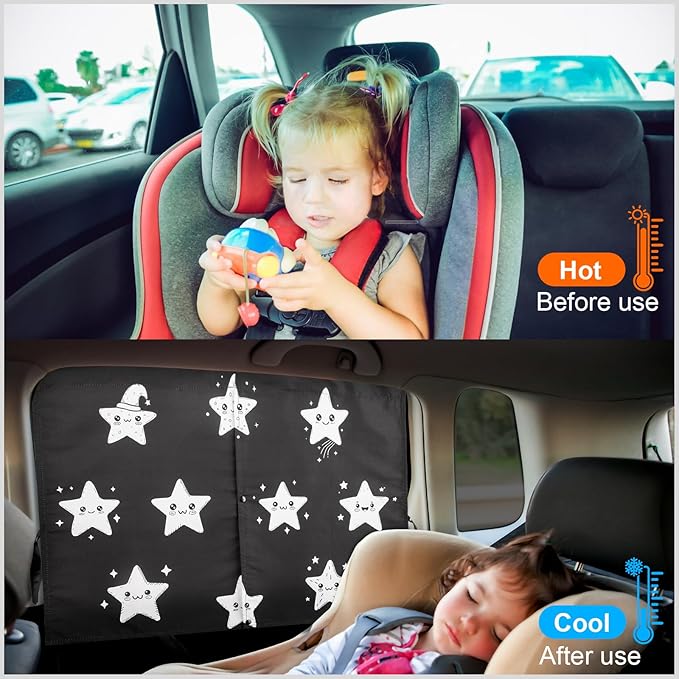 Car Window Shades, 2 Packs Magnetic Car Sun Shades for Baby, 2 Layers for Blackout/See Through Options Stars Pattern Side Window Curtain for Kids Heat/UV Blocker