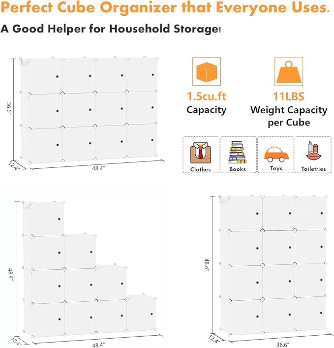 C&AHOME Cube Storage Organizer with Doors, 12-Cube Shelves, Closet Cabinet, DIY Plastic Modular Bookshelf Ideal for Bedroom, 