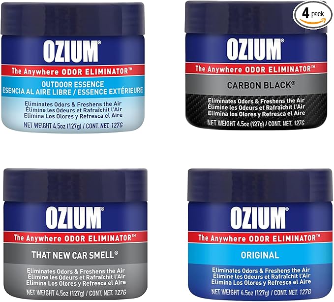 Ozium 4.5 Oz. Odor Eliminating Gel for Homes, Cars, Offices and More (Original + Carbon Black + Outdoor Essence + That New Ca
