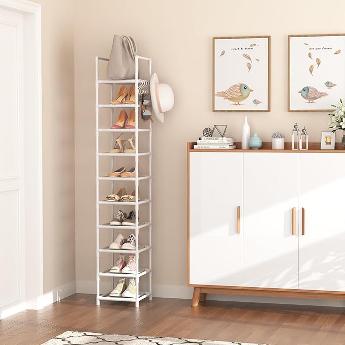 LANTEFUL Tall Narrow Shoe Rack 10-Tier Skinny Shoe Shelf Storage for 10-15 Pairs Shoes and Boots, Space Saving Corner Shoe Ra