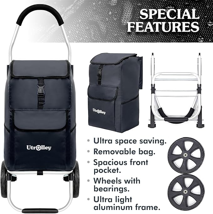 Ultra-Lightweight Black Foldable Shopping Cart for Groceries Large 42L Capacity Rubber Wheels, Removable Insulated Bag Liner, Durable Aluminum Frame, Multi-Function Personal Hand Truck