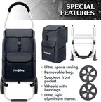 Ultra-Lightweight Black Foldable Shopping Cart for Groceries Large 42L Capacity Rubber Wheels, Removable Insulated Bag Liner, Durable Aluminum Frame, Multi-Function Personal Hand Truck