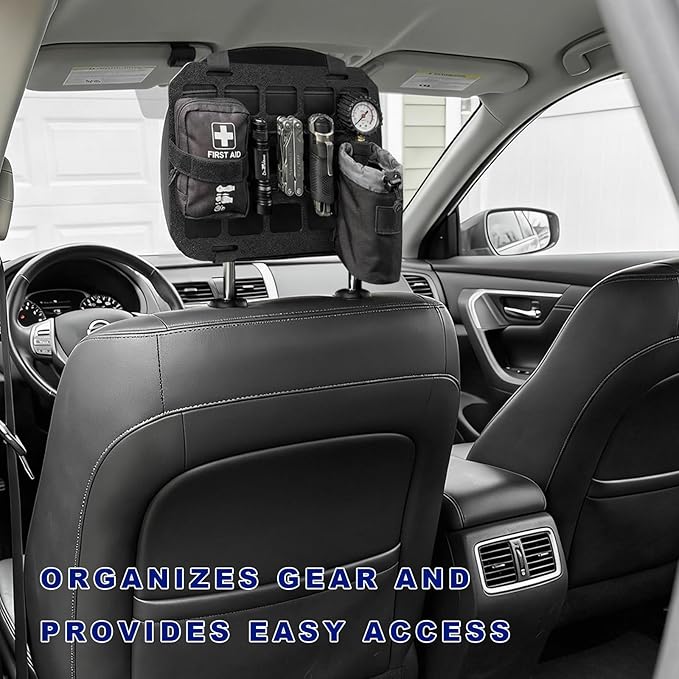 Car Visor Organizer MOLLE Panel, Auto Modular Storage Shelf MOLLE Panel with Mounting Straps, Rigid Tactical Gear Storage Rack EDC Pouch Tool for Most Vehicle Sun Visors (Headrest Panel)
