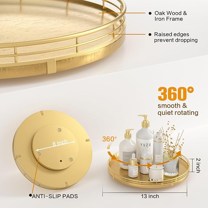 13" Gold Lazy Susan for Table Top, Oak Wood Lazy Susan Turntable Organizer for Dining Coffee Table Centerpiece Bar Decor Kitc
