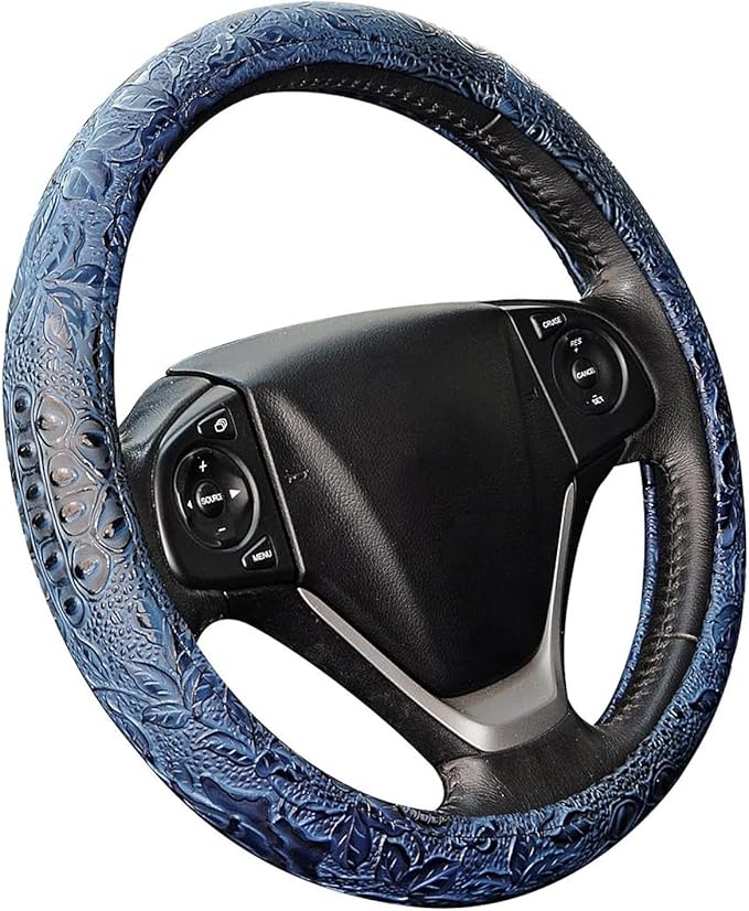 Car Steering Wheel Cover Universal 15 Inch Middle Size Auto Anti-Slip Leather Wheel Protector with Flower Grain Design Blue Style
