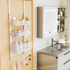 Consumest Over The Door Hooks Organizer - 4 Tier Door Coat Rack with 3 Baskets and 12 Hooks, Stainless Steel Towel Hanger for