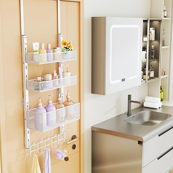 Consumest Over The Door Hooks Organizer - 4 Tier Door Coat Rack with 3 Baskets and 12 Hooks, Stainless Steel Towel Hanger for