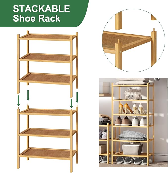 kiplant Small Shoe Rack, Bamboo Wood Shoe Rack for Entryway, Stackable | Foldable | Natural, 3-Tier Shoe Organizer for Hallwa