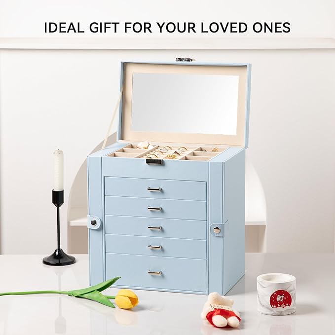 Frebeauty Large Jewelry Box,6-Tier PU Leather Jewelry Organizer,Multi-functional Storage Case with Mirror,Accessories Holder 