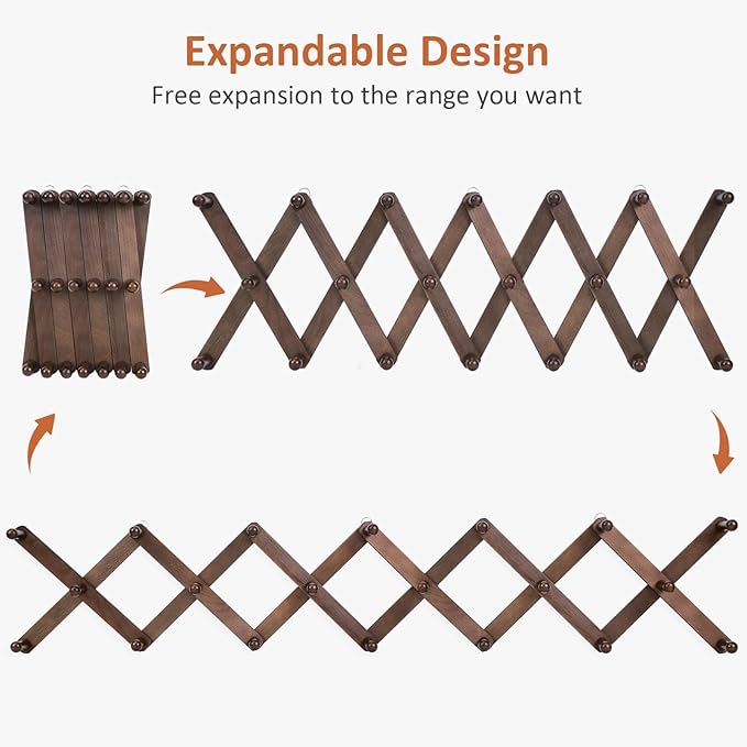 Accordion Wall Hanger, Hat Rack for Wall with 20 Coat Hooks, Expandable Hat Hangers Organizer, Vintage Decorative Coat Rack W