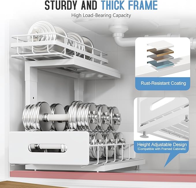 Under Sink Organizer Upgrade To Professional Rails,2-Tier Dual Pull Out Cabinet Storage,Height Adjustable Slide Out Drawers F