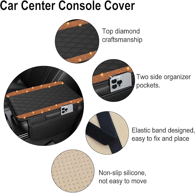 NBTEPEM Bling Car Center Console Cover, Leather Car Arm Rest Cover Cushion with 2 Storage Bags, Universal Auto Armrest Protector Storage Box, Bling Accessories Interior for Most Vehicles (Orange)