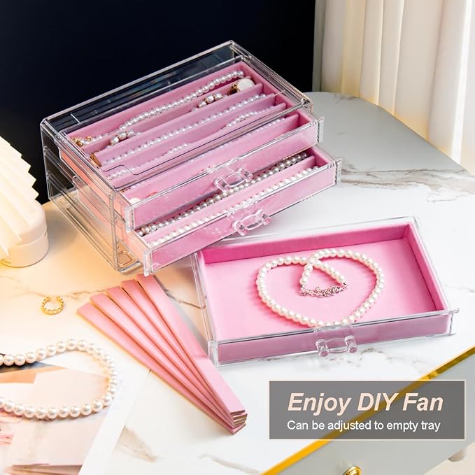 YUFONG Necklace Holder Organizer, Dustproof Necklace Box Velvet Necklace Organizer Box with Lid Clear Acrylic Dustproof Stack