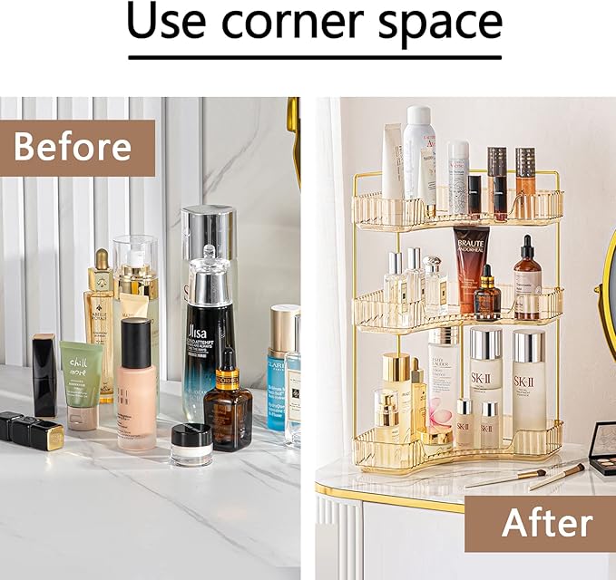 shuang qing 3-Tier Corner Bathroom Counter Organizer – Classic Storage Shelf for Makeup, Perfume & Toiletries, Space-Saving C