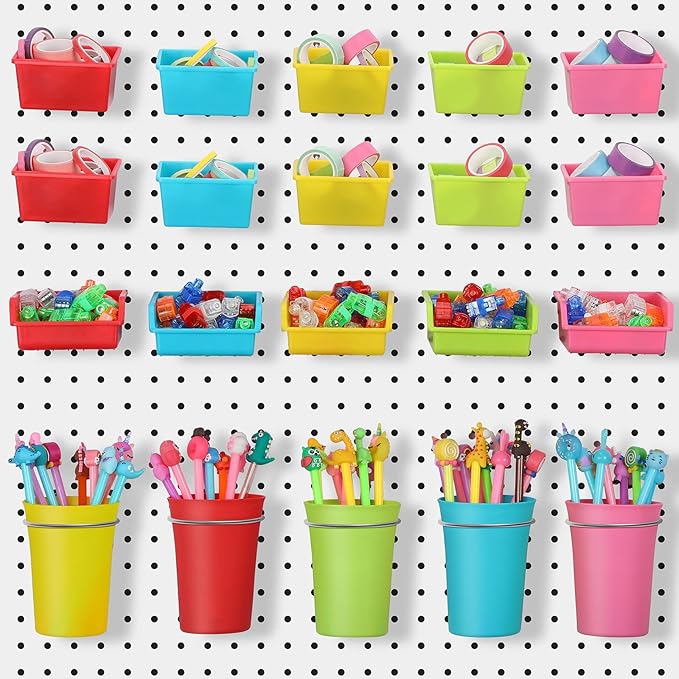 Yookeer 20 Pcs Pegboard Bins and Cups with Hooks and Loops Peg Assortment Organizer Accessories Various Tool Organizer Pegboa