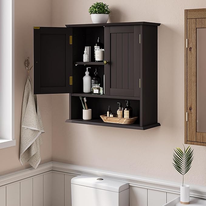 Smuxee Brown Bathroom Cabinet Wall Mounted, Small Medicine Cabinet with 2 Door Adjustable Shelves, Wall Cabinet Over Toilet f