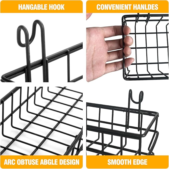 4 Pcs Metal Grid Wall Baskets with Hooks, Hanging Wire Basket Wall Mount Storage Organize for Kitchen, Bathroom, Office (Blac