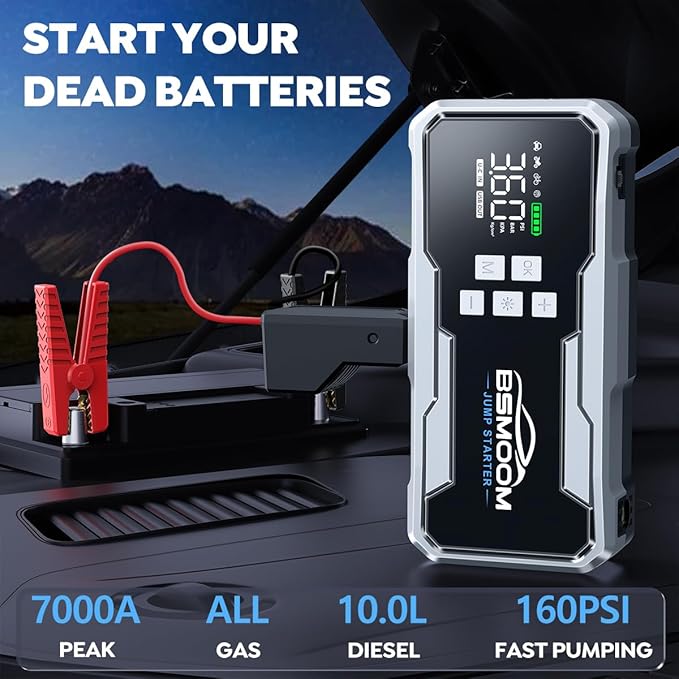 Jump Starter with Air Compressor 7000A 160PSI Portable Car Battery Jump Starter (All Gas/10L Diesel),12V Portable Booster