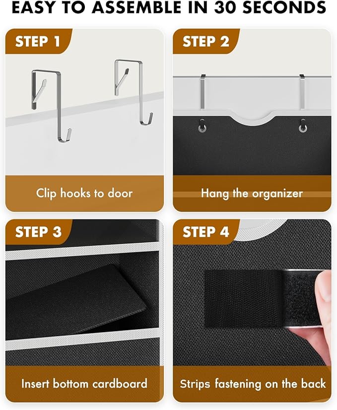 Over The Door Organizer Hanging - 6 Shelf Over Door Organizer with 6 Clear Front & 12 Side Pockets - 50LB Load Behind Storage