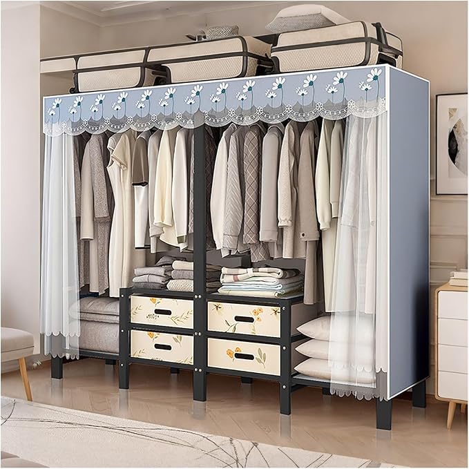 Foldable Portable Wardrobe Closet with Cover, Metal Garment Rack, Clothing Rack for Hanging Clothes, One-Piece Folding Base, 