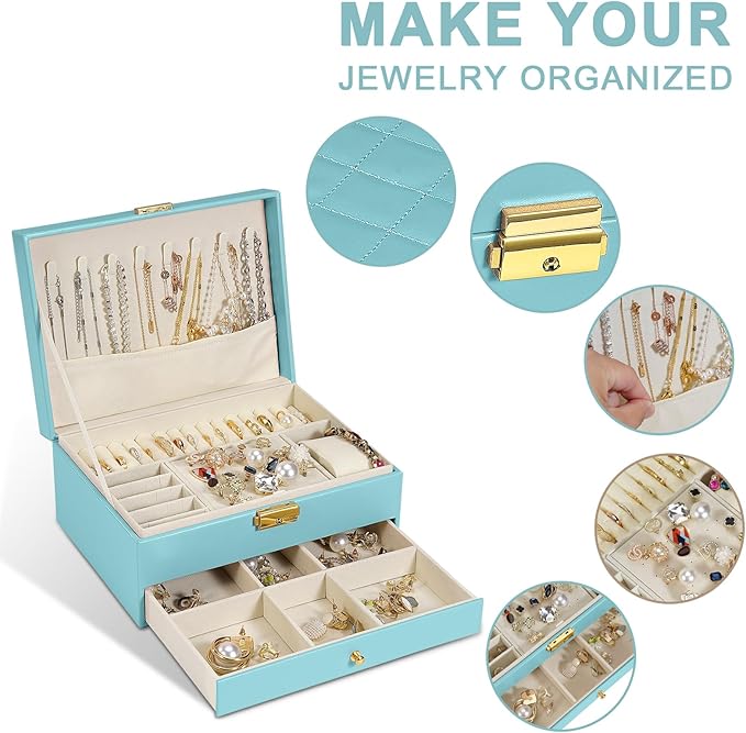 2-Layer Jewelry Box for Women, Jewelry Organizers and Storage with Removable Jewelry Tray, Vintage Quilted Top Lockable Jewel