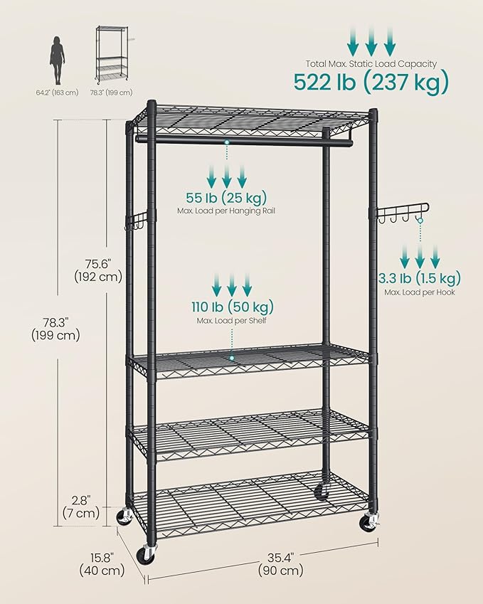 SONGMICS Heavy-Duty Rolling Clothes Rack, Garment Rack, Portable Closet on Wheels, with Adjustable Mesh Shelves and Hanging R