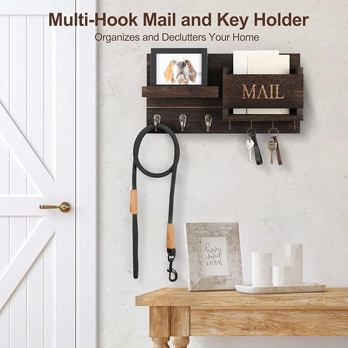 Lwenki Mail Organizer for Wall Mount – Key Holder with Shelf Includes Letter Holder and Hooks for Hallway Farmhouse Decor – R