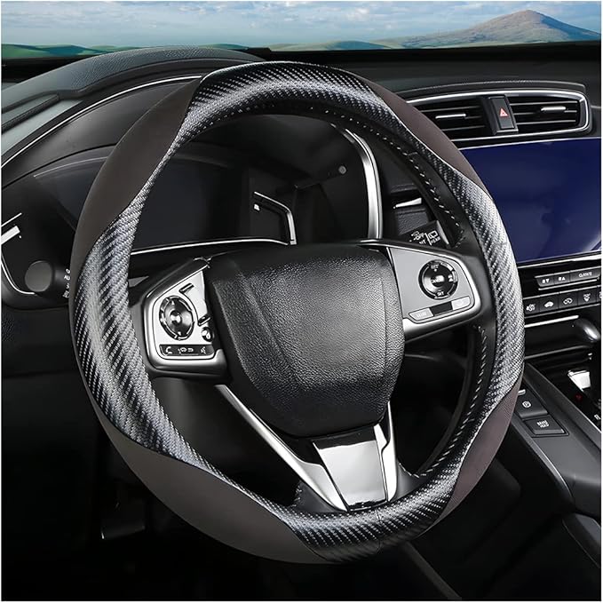 Steering Wheel Cover for Women and Men, Carbon Fiber Plush Steering Wheel Cover Soft Anti-Slip Comforting, Universal 15 Inches Steering Wheels Accessories (Carbon Fiber Black/Gray)