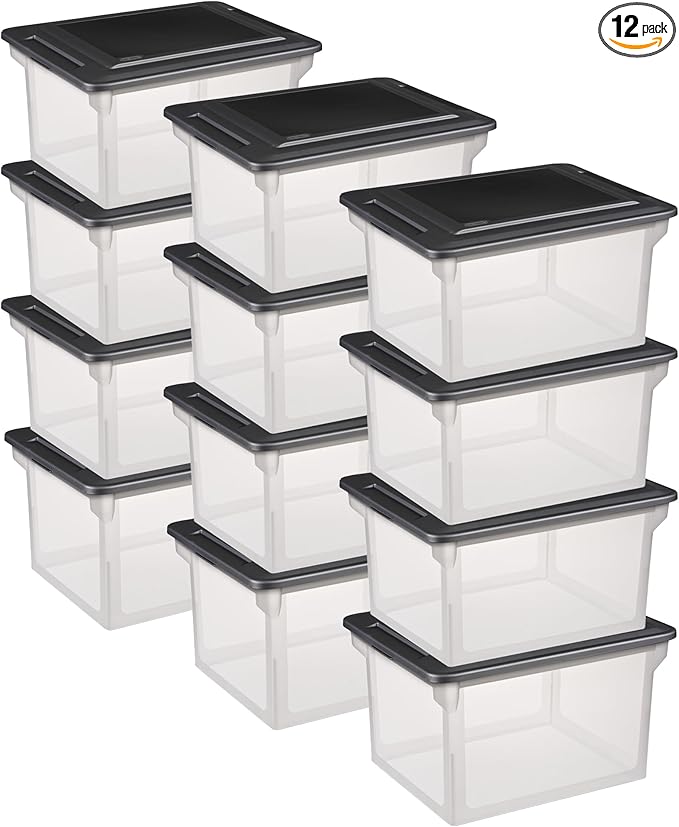 Sterilite File Box, Stackable Storage Bin with Lid, Organize Receipts, Bills, Taxes and Papers in the Home, Office, Clear Bas